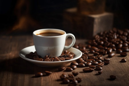 Coffee cup and roasted coffee beans on wooden table with copy spaceの素材