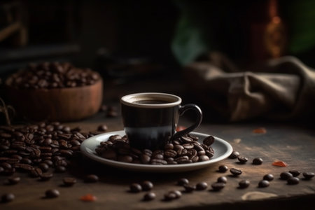 Coffee cup and coffee beans on old wooden table. Vintage style.の素材