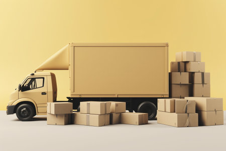 3d rendering of a yellow truck with cardboard boxes on the floorの素材