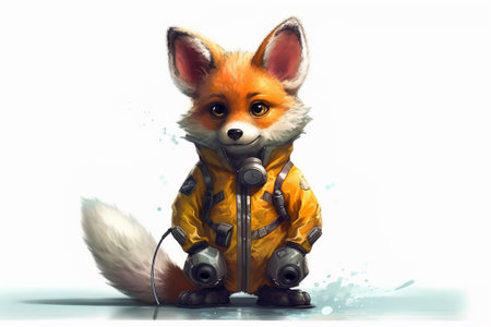 Cute fox in a yellow raincoat on a white background.の素材
