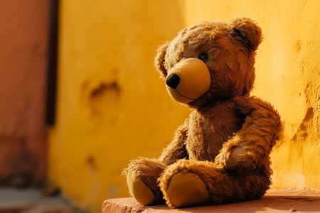 Teddy bear sitting in front of a yellow wall with copy spaceの素材