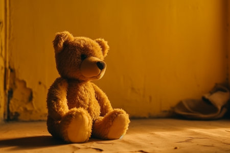 teddy bear sitting on the floor in front of the yellow wallの素材