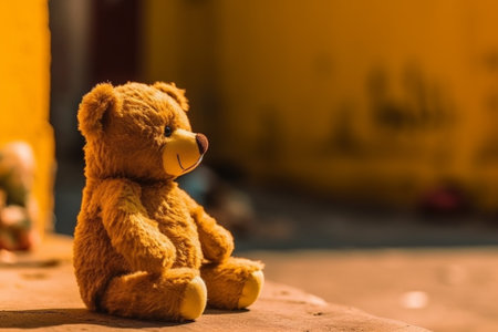 teddy bear sitting on the floor in front of the yellow wallの素材