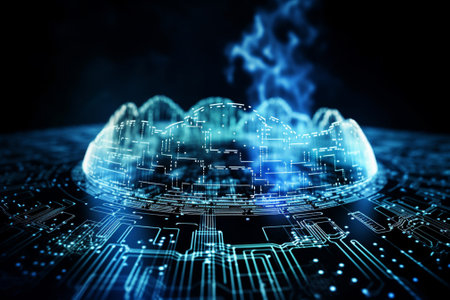 Futuristic cloud computing concept. 3d rendering toned image double exposureの素材