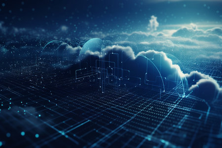 Abstract blue cloud computing background. Technology concept. 3D Renderingの素材