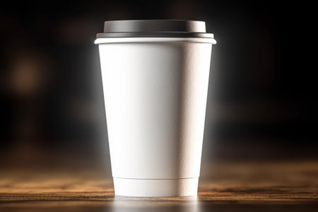 Blank paper coffee cup on wooden table. 3d rendering.の素材