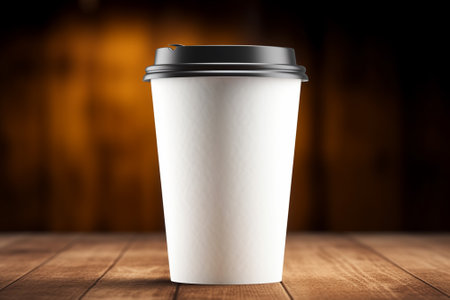 Blank paper coffee cup on wooden background. 3d illustration.の素材