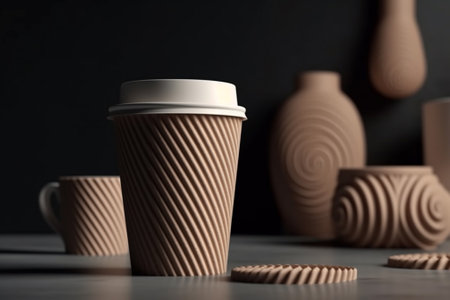 Coffee cup on table against dark background. Mockup for designの素材