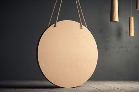 Empty wooden round frame hanging on the wall. Mock up, 3D Renderingの素材