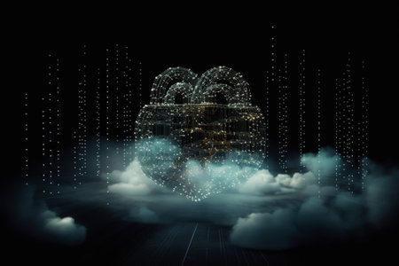 3D rendering of a cloud with a padlock and binary codeの素材