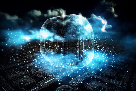 Abstract digital sphere with circuit on dark background. 3D Renderingの素材