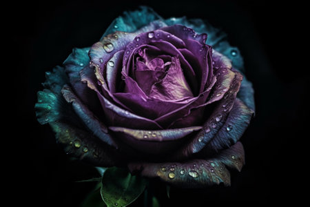 Beautiful purple rose with water drops on the petals, black backgroundの素材