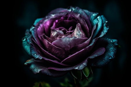Beautiful dark purple rose with water drops on petals on black backgroundの素材