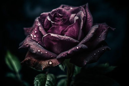 Beautiful dark purple rose with dew drops on a dark backgroundの素材