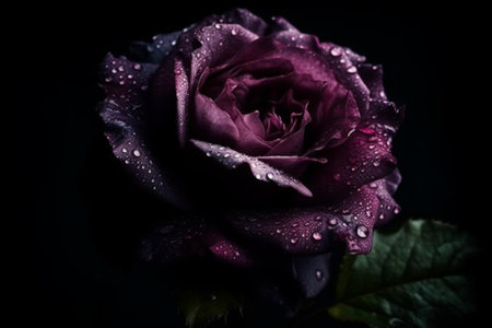 Beautiful purple rose with water drops on the petals on a black backgroundの素材