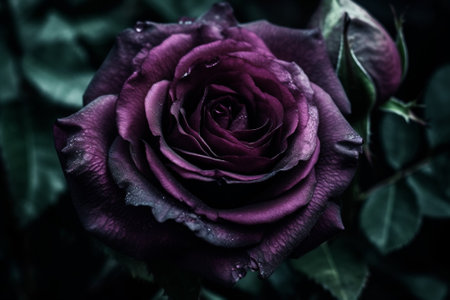 Beautiful dark purple rose with water drops on petals close upの素材