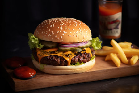 Cheese burger - American cheese burger with Golden French fries and fresh saladの素材