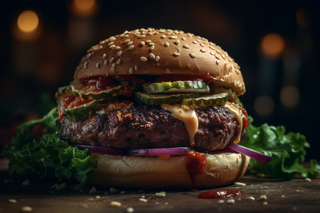 Big hamburger with beef patty and fresh vegetables on wooden tableの素材