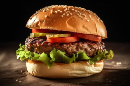 Big hamburger with beef patty and fresh vegetables on dark backgroundの素材