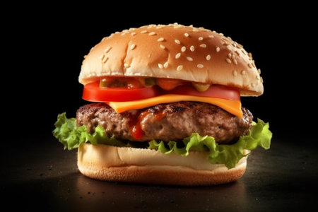 Big tasty hamburger with cutlet and vegetables on a black backgroundの素材