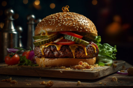 Delicious hamburger with fresh vegetables on wooden table. Dark background.の素材