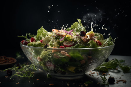 Caesar salad in glass bowl with splashes of water on black backgroundの素材