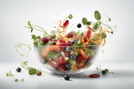 Fruit salad in a glass bowl with splashes on a white backgroundの素材
