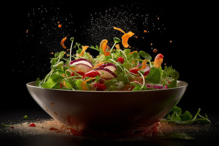 Fresh vegetable salad in a bowl with splashes on a black backgroundの素材