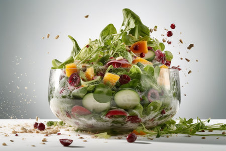 Fresh vegetable salad with pomegranate seeds on a grey backgroundの素材