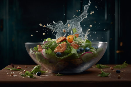 Salad in a glass bowl with splashes of water on a dark backgroundの素材