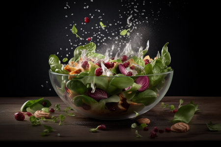 Vegetable salad in glass bowl on wooden table and black backgroundの素材