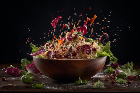 Salad in a wooden bowl with flying ingredients on a black backgroundの素材