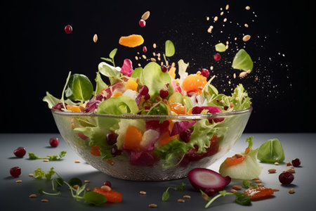 Fresh vegetable salad in a glass bowl with splashes on a black backgroundの素材