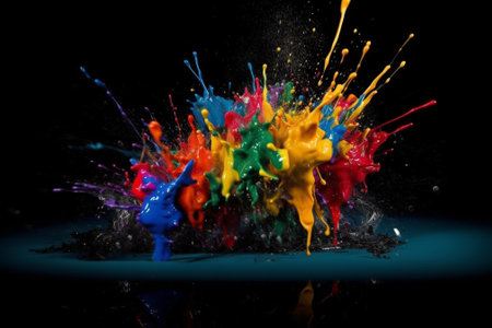 Colorful paint splashes isolated on black background. Abstract background.の素材