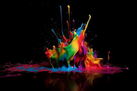 Colorful paint splashes isolated on black background. Abstract art.の素材