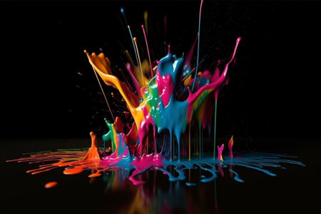 Colorful paint splashes isolated on black background. 3d renderingの素材