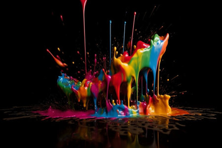 Colorful paint splashes isolated on black background. Colorful paint splashing on black background.の素材