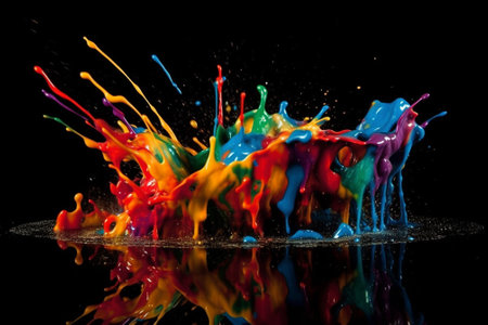 Colorful paint splashes isolated on black background. Colorful paint splashing on black background.の素材