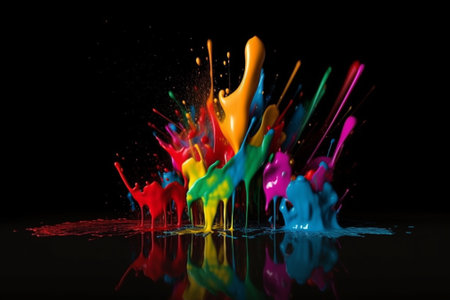 Colorful paint splashes isolated on black background. 3d renderの素材