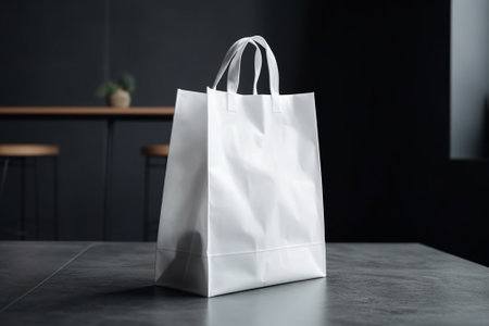 White shopping bag on the table in the room. Shopping concept.の素材