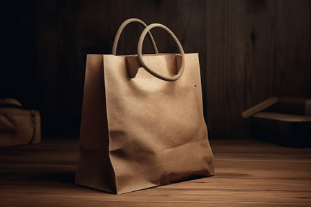 Brown paper bag on wooden background. Vintage style. Shopping concept.の素材