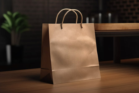 Paper shopping bag on wooden table in cafe. Mockup for designの素材