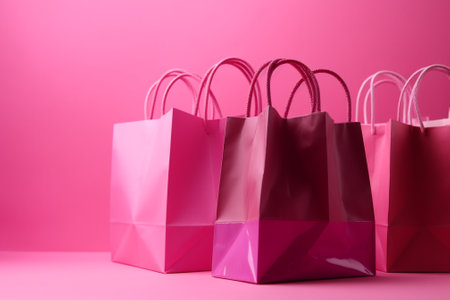 Shopping bags on pink background, closeup. Sale and shopping conceptの素材