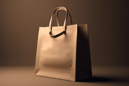 Brown paper shopping bag on brown background. 3d render illustration.の素材