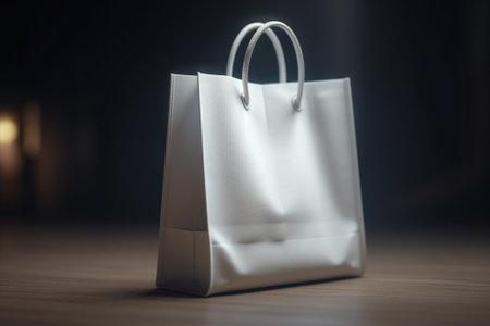 White paper shopping bag on a wooden table. 3d rendering.の素材
