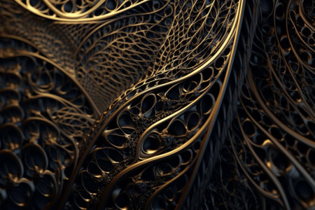 Abstract background 3d illustration of chaotic geometric composition, golden wire mesh digital artwork for creative graphic design.の素材