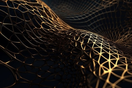 Abstract 3d rendering of golden wire mesh. Futuristic background with glowing lines.の素材