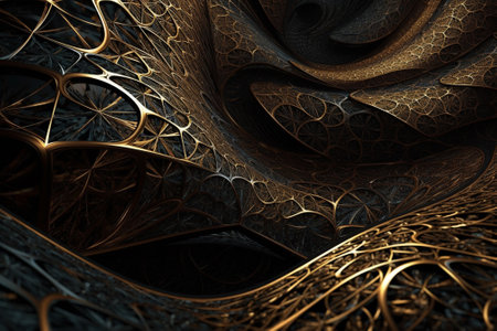 Abstract background 3d illustration of chaotic geometric composition, golden wire mesh digital artwork for creative graphic design.の素材