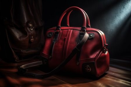 Red leather handbag on dark background with light and smoke. Selective focusの素材