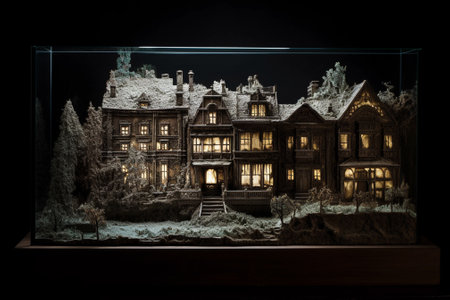 Beautiful Christmas decorations in the form of houses on a black backgroundの素材
